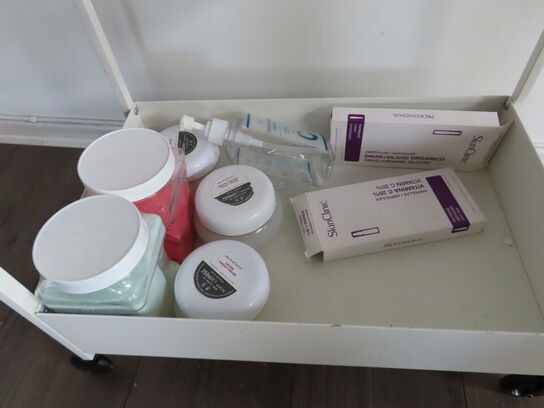 Behandlerbord, stol, skammel og vogne med indhold