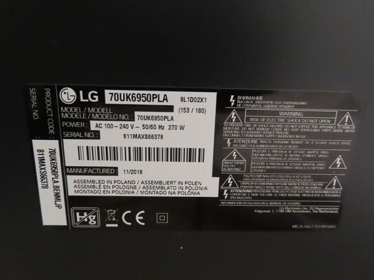 TV LG 70UK6950PLA fra 11/2018 uden fjernbetjening