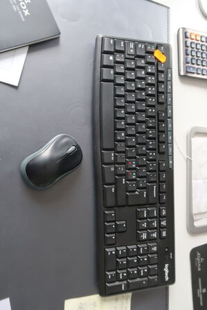Computerskærm, dockingstation samt tastatur