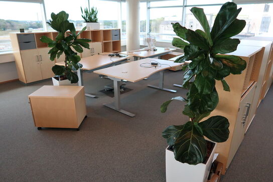 4 stk. el. hæve/sænke skrivebord EFG, reoler, skuffemoduler