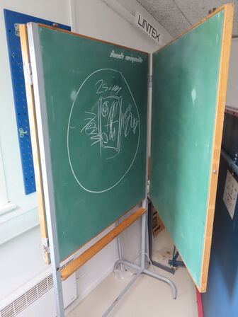 Ældre skoletavle på stativ. Kan foldes ud og der er tavler på begge sider.