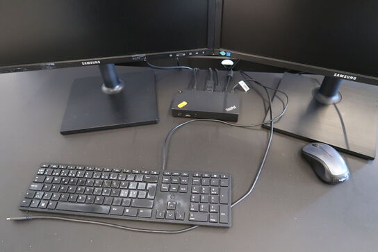2 stk. computerskærme SAMSUNG S24E450, dockingstation LENOVO ThinkPad, tastatur, mus