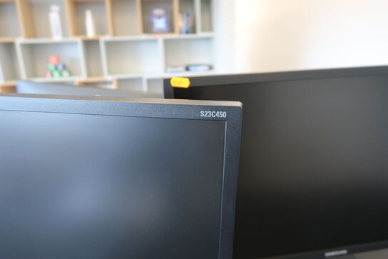 2 stk. computerskærme SAMSUNG S23C450, dockingstation DELL, tastatur