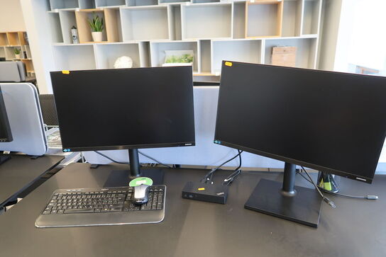 2 stk. computerskærme SAMSUNG 24T450FQR, dockingstation LENOVO ThinkPad, tastatur, mus
