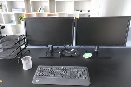 2 stk. computerskærme SAMSUNG S23C450, dockingstation DELL, tastatur