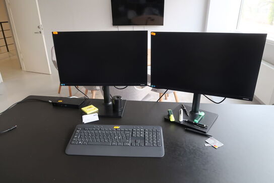 2 stk. computerskærme SAMSUNG F24T452FQR, dockingstation DELL, tastatur