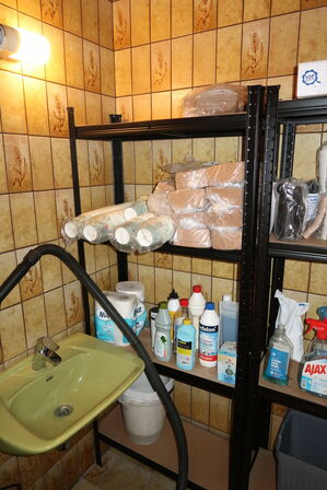 2 stk. reoler med div. Rengøringsartikler, engangsservice, støvsuger