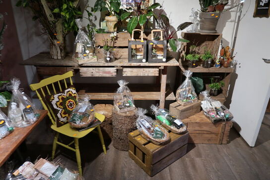 Bord, trækasser, træstubbe uden indhold