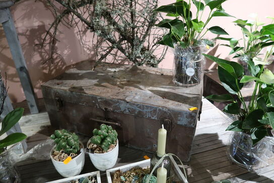 Bord, trækasse samt 2 stk. værktøjskufferter, metalkuffert, stol, bord uden indhold