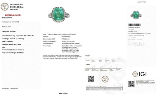 5,21 ct. fin smaragd og diamant ring i 14 kt. hvidguld. IGI.