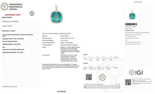 3,96 ct. smaragd og diamant vedhæng i 14 kt. hvidguld. IGI
