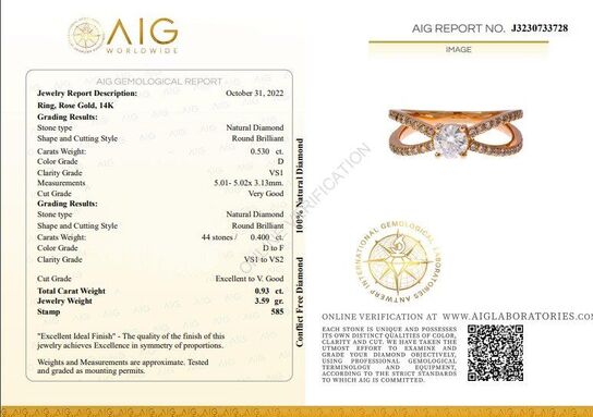 0,93 ct. diamantring af 14 kt. rødguld, AIG.