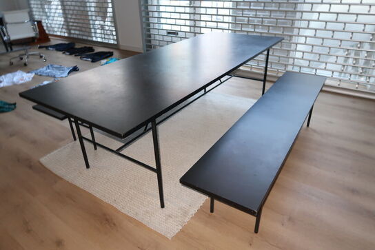 Bord med 2 stk. bænke samt gulvtæppe