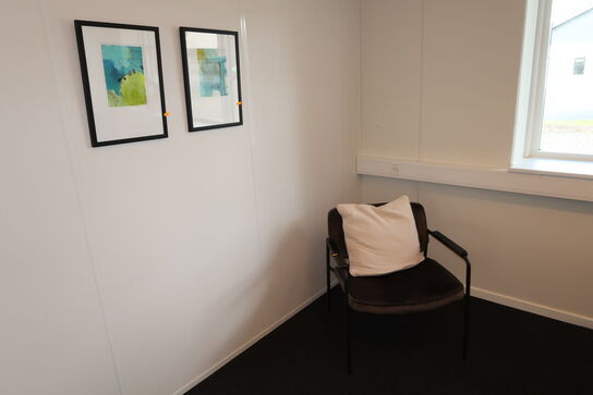 2 stk. indrammet plakater, stol, planter