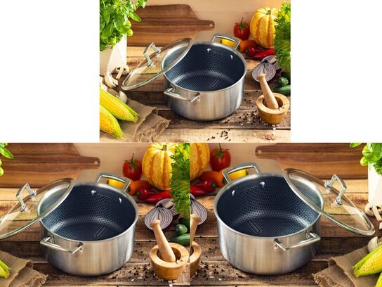 Stort hybrid grydesæt indeholdende tre gryder.