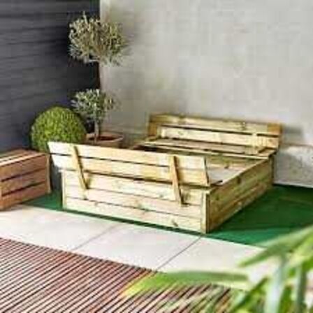 Sandkasse med vippelåg og bænk 120x120 cm