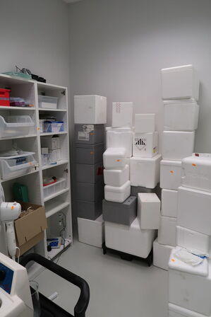 Div. Flamingokasser samt 2 stk. reoler med div. Varelager og tilbehør