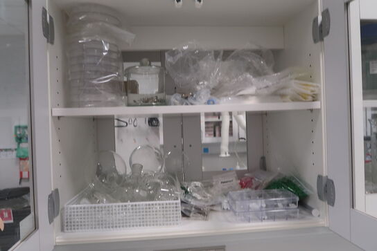 Div. Laboratorieglas og udstyr i overskabe