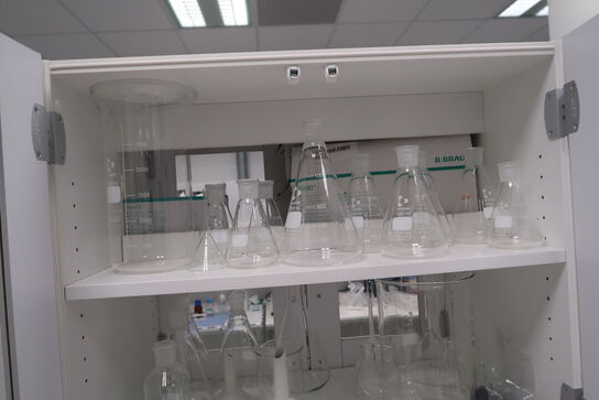 Div. Laboratorieglas og udstyr i overskabe
