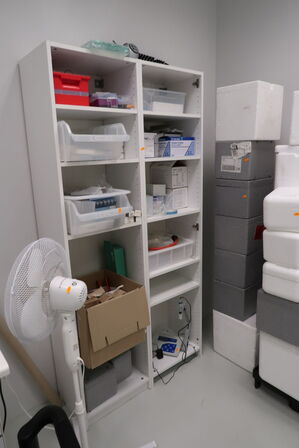 Div. Flamingokasser samt 2 stk. reoler med div. Varelager og tilbehør