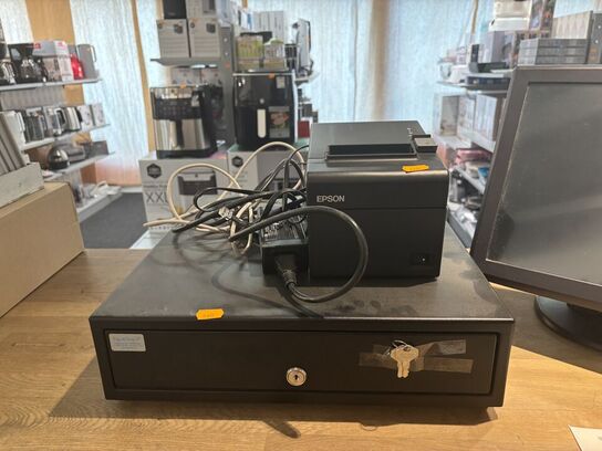Pengeskuffe, kasseapparat samt bonprinter EPSON