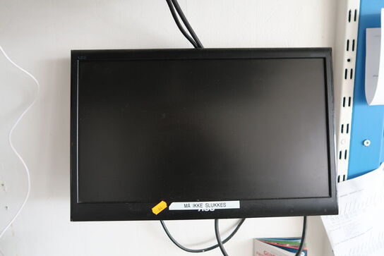 Computerskærm, tastatur, mus, computer HP, bonprinter m.m.