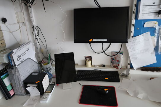 Computerskærm, tastatur, mus, computer HP, bonprinter m.m.