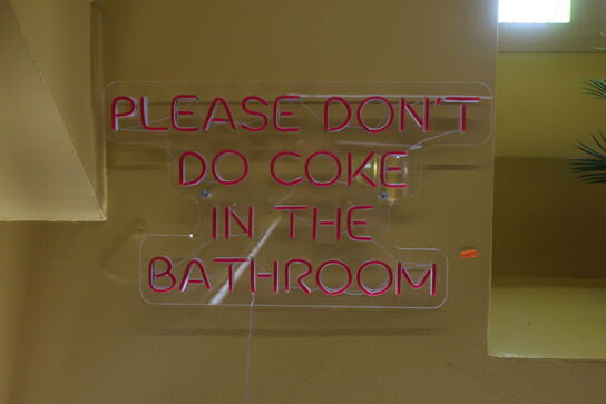 Kunstig plante i krukke, lysskilt "Please Don't Do Coke In The Bathroom"