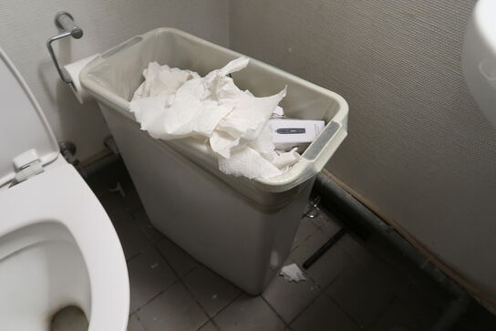 Reol med indhold + tøm toilettet 