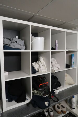 Reol med indhold + tøm toilettet 