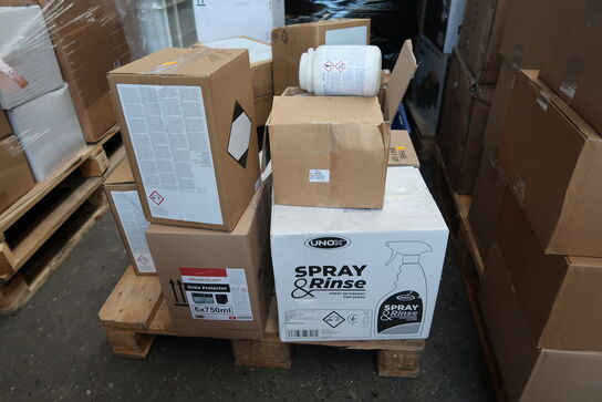Palle med div. Rengøringsmidler m.m. UNOX, MERRYCHEF m.fl.