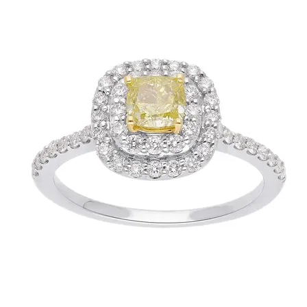18 kt hvidguld ring med 49 diamanter 0,46 carat, centersten yellow fancy diamant 0,45 carat