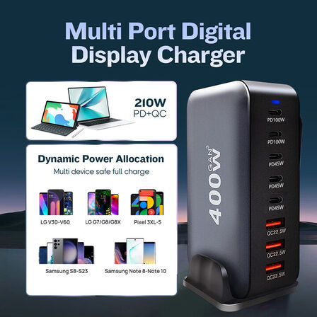 Ladestation GaN 400W – 8 porte (USB-C & USB-A) – Hurtig opladning til mobil og bærbar computer