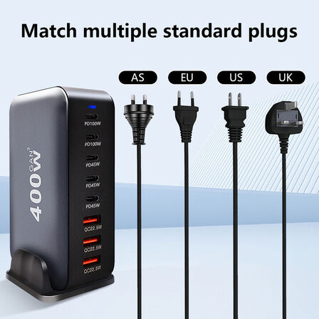 Ladestation GaN 400W – 8 porte (USB-C & USB-A) – Hurtig opladning til mobil og bærbar computer