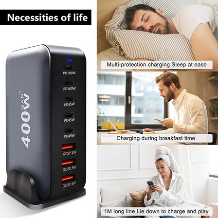 Ladestation GaN 400W – 8 porte (USB-C & USB-A) – Hurtig opladning til mobil og bærbar computer