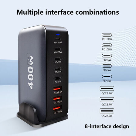 Ladestation GaN 400W – 8 porte (USB-C & USB-A) – Hurtig opladning til mobil og bærbar computer