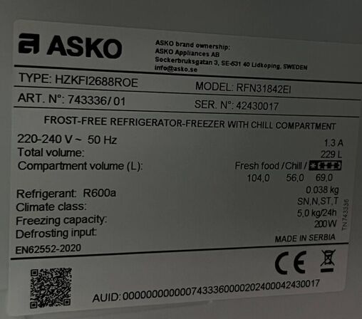 Køle-/fryseskab  ASKO RFN31842EI