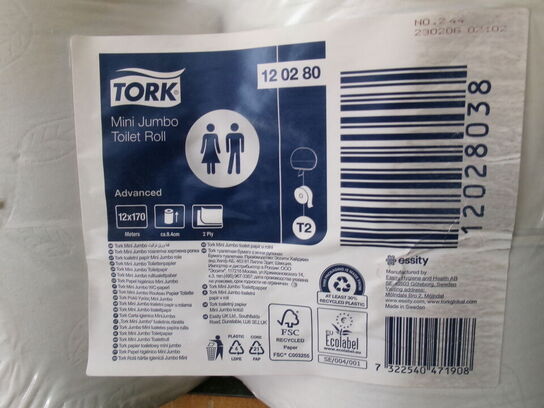 12 ruller toiletpapir t/ dispenser T2 TORK Mini Jumbo