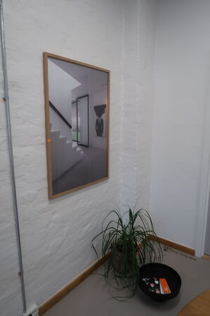 Indrammet plakat, plante i krukke samt skål