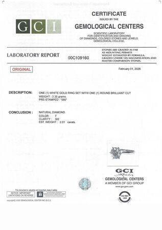 2,01 ct. NATURLIG diamant og 14 kt. hvidguldring. GCI