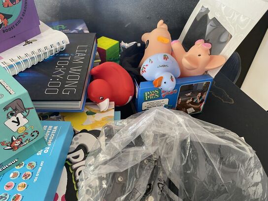 Blandet spil, bøger skateboard mm.