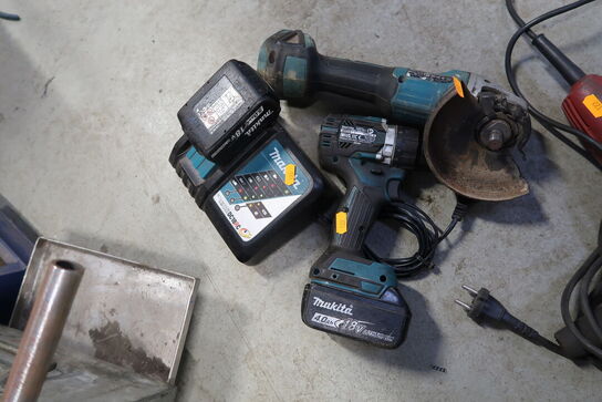 2 stk. akku håndværktøj MAKITA med 2 stk. batterier og lader samt vinkelsliber