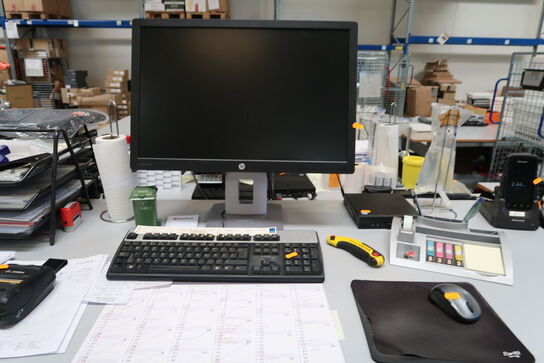 Computerskærm HP, tastatur, håndscanner, computer LENOVO