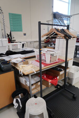 Skab, tøjstativ, bord med indhold samt elefantfod