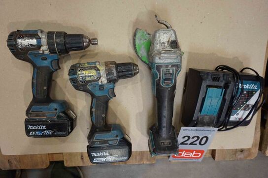 2 stk Makita boremaskiner, 1 vinkelsliber med to batterier og lader