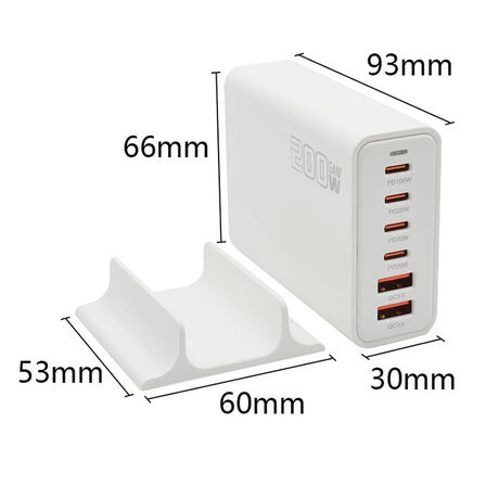 Ladestation GaN 200W – 6 porte (USB-C & USB-A) – Hurtig opladning til mobil og bærbar computer