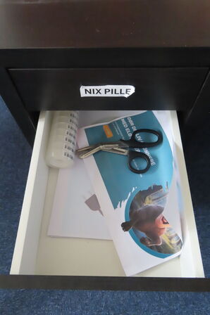 Indhold i hjørne af reoler, stativer samt planter i rummet