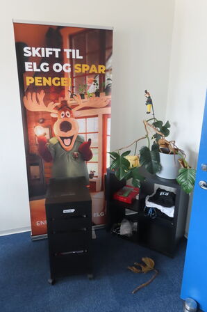 Indhold i hjørne af reoler, stativer samt planter i rummet