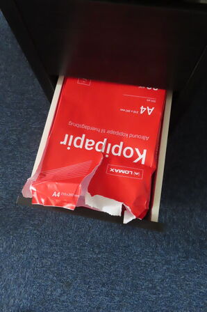 Indhold i hjørne af reoler, stativer samt planter i rummet