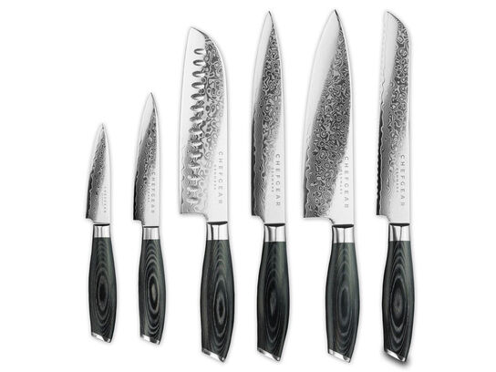 Stort knivsæt, 6 stk. knive udført i 67 lags Damaskus stål.